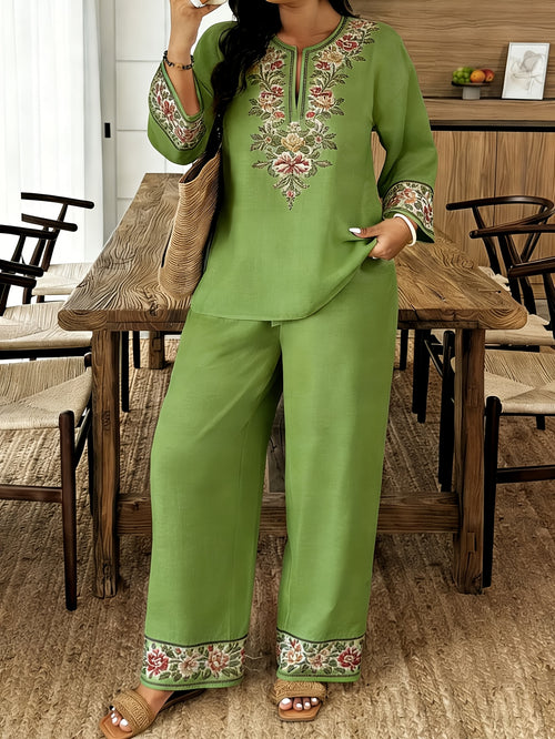 Women's Standard Size Long-sleeve and Long-pants 2pcs Set, Spring/summer New V-neck Buttoned Three-quarter Sleeve Shirt with Printed Elastic Waistband Long Pants, 2pcs Set, Digital Print, Machine Washable, Fabric
