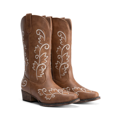 DREAM PAIRS Women's Cowboy Cowgirl Western Mid Calf Boots Square Toe Embroidered Stitched Pull On Country Boots with Low Chunky Heel