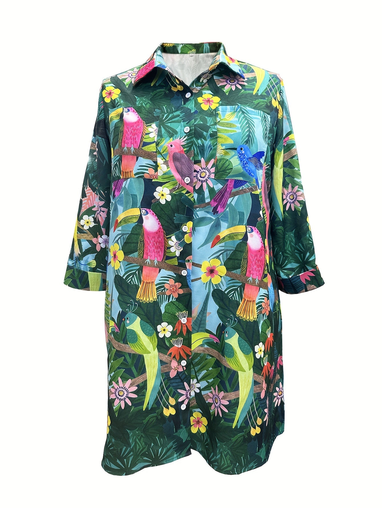 Plus Size Plant Print Button Front Loose Dress, Casual Collared Long Sleeve Dress For Spring & Fall, Women'S Plus Size Clothing