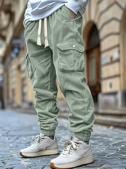 2 Pairs Men'S Four-Season Universal Corduroy Cuffed Sweatpants, Elastic Waist Solid Color Jogger Casual Pants