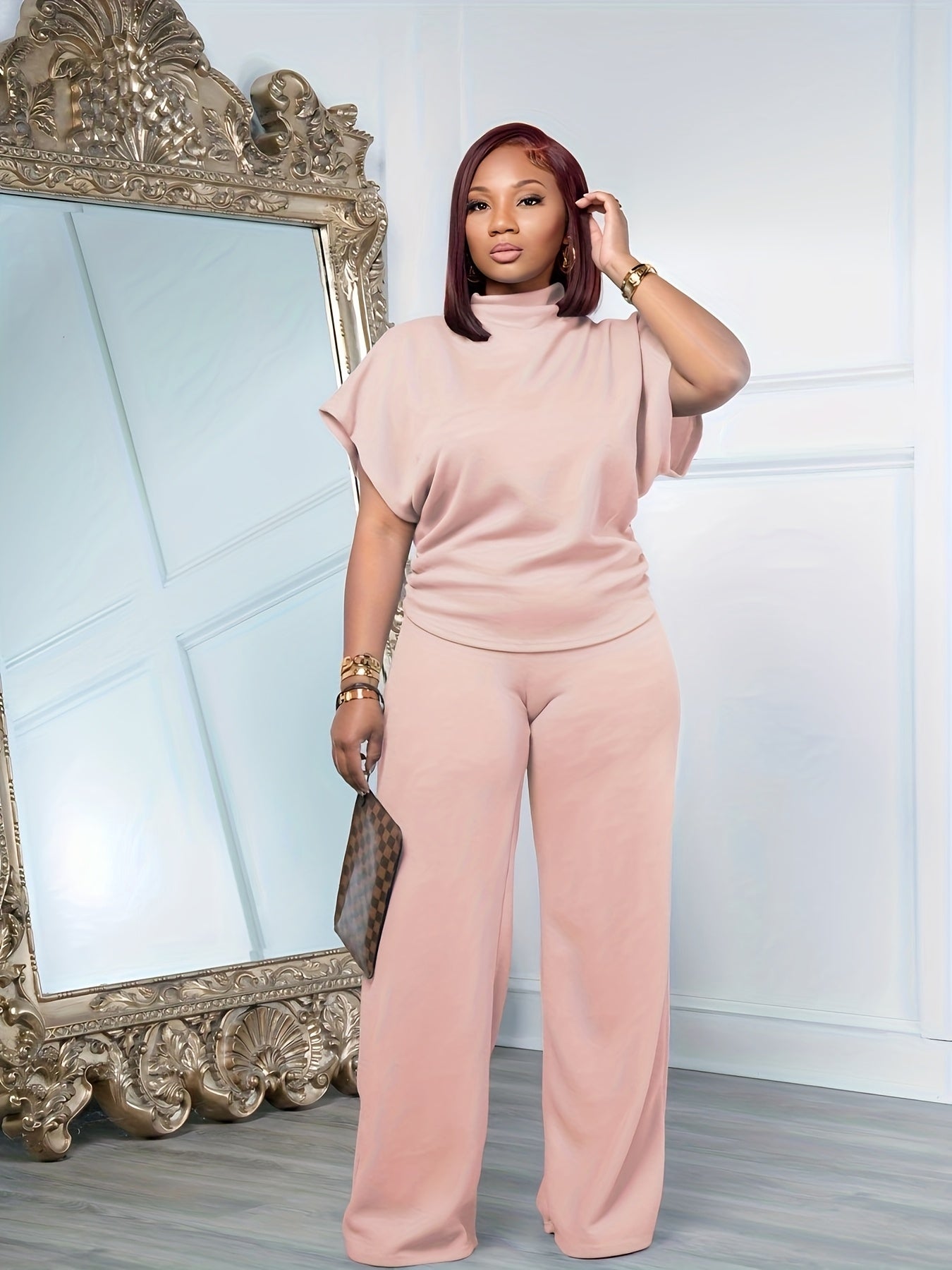 Women's Spring And Summer Two-piece Casual Set Short Sleeved Semi High Neck Loose Top Wide Leg Pants Set, Casual Sports Set