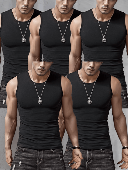 5pcs Men's Cotton Tank Tops, Black, White, Sleeveless Fitness Undershirts, Comfortable Breathable Round Neck Vests