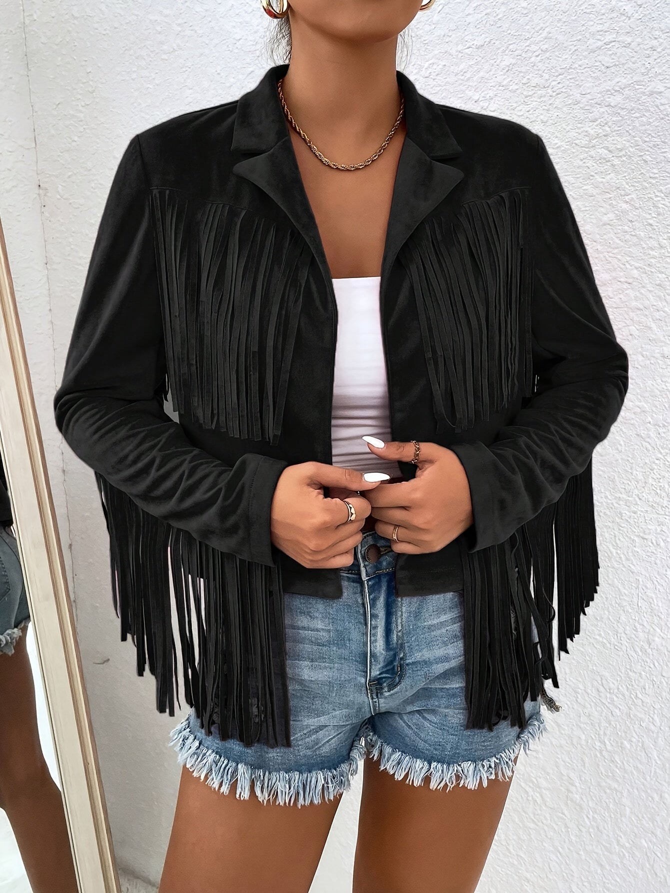 Elegant Women'S Tassel Jacket - Solid Color, V-Neck, Loose Fit for Spring/Fall, Machine Washable