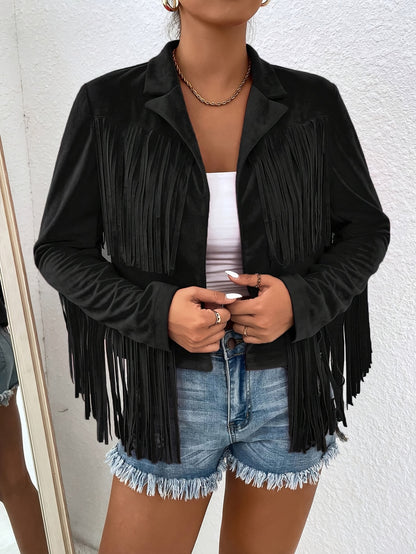 Elegant Women'S Tassel Jacket - Solid Color, V-Neck, Loose Fit for Spring/Fall, Machine Washable