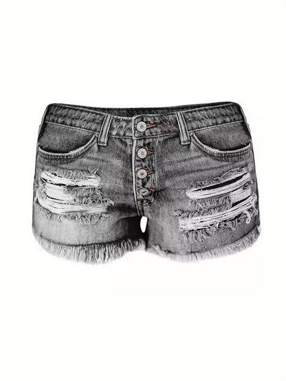 Women's Stretch Denim-Style Casual Shorts - Mid-Rise Straight-Leg Ripped Frayed Hem, 85% Polyester 15% Spandex, Machine Washable Summer Hot Pants
