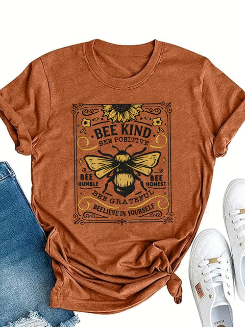 Women's Bee Kind Bee Positive Bee Print T-Shirt - Short Sleeve Casual Round Neck Top with Bumblebee & Honeycomb Design, Brown & Golden Bee Motif for Spring Summer Fall, Machine Washable Casual Attire, Beekeeper Inspired Apparel