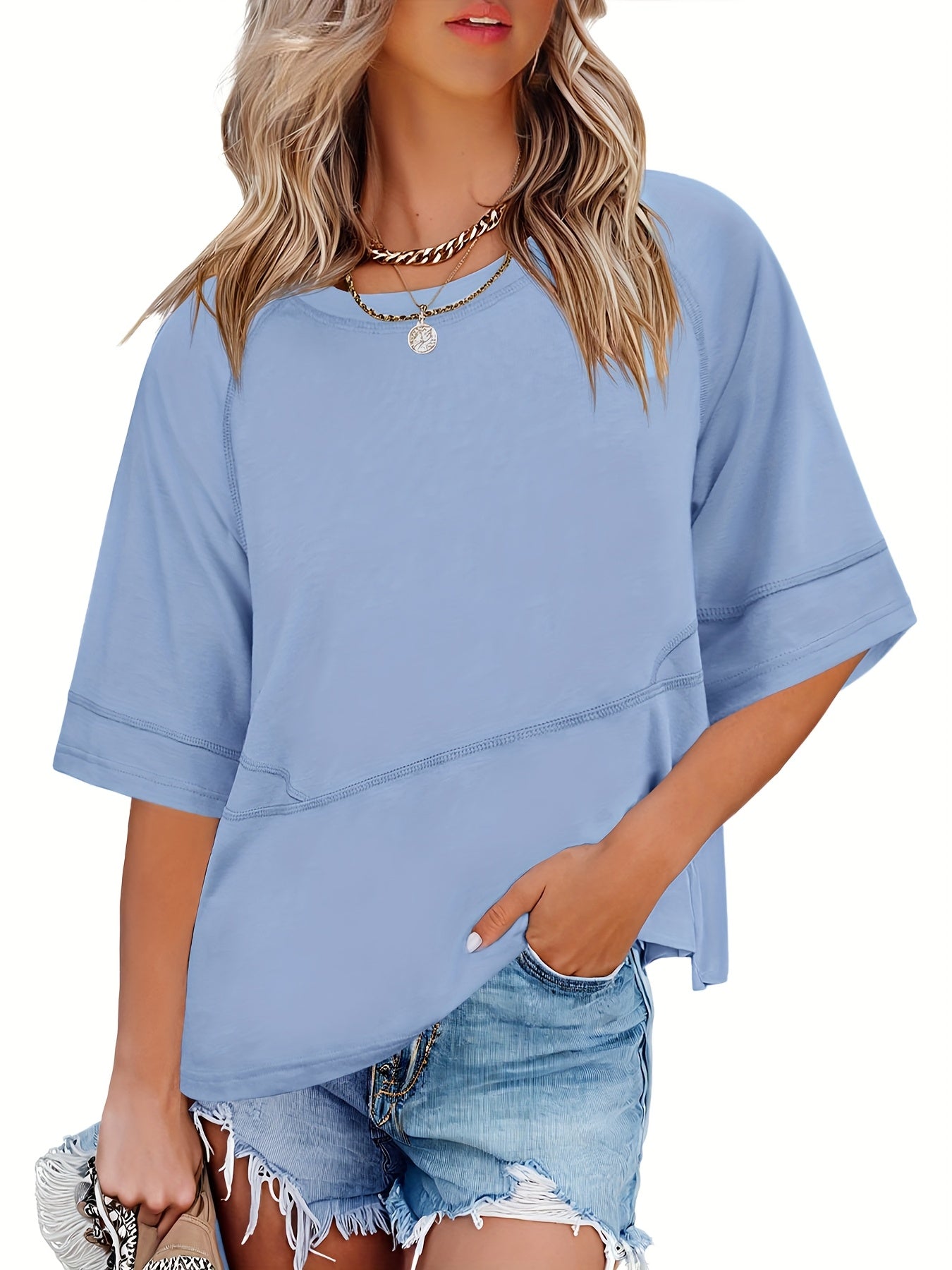 Solid Crew Neck Loose Basic T-shirt, Casual Half Sleeve Spring And Summer T-Shirt, Women's Clothing