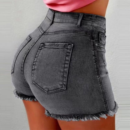 Stylish Women's High-Waist Denim Shorts with Frayed Hem & Fringe Detail, Soft Viscose Fabric, Slimming Fit, Essential Spring & Summer Hot Pants, Casual Five-Pocket Design, Jean Shorts