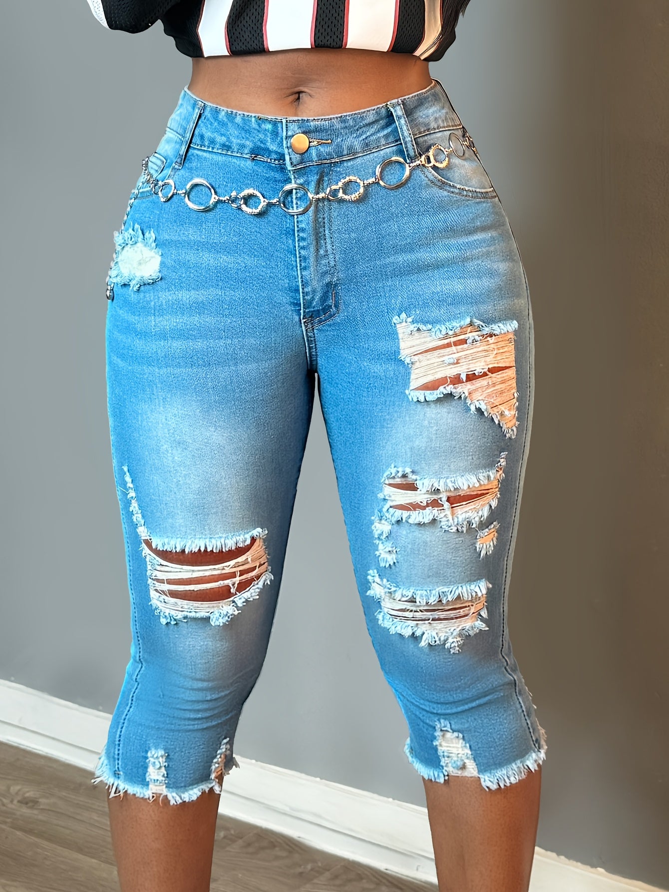 Women Fashion Casual Ripped Capri Jeans Slim Fit Stretchy Denim Pants Classic Raw Hem Denim Three Quarter Pants