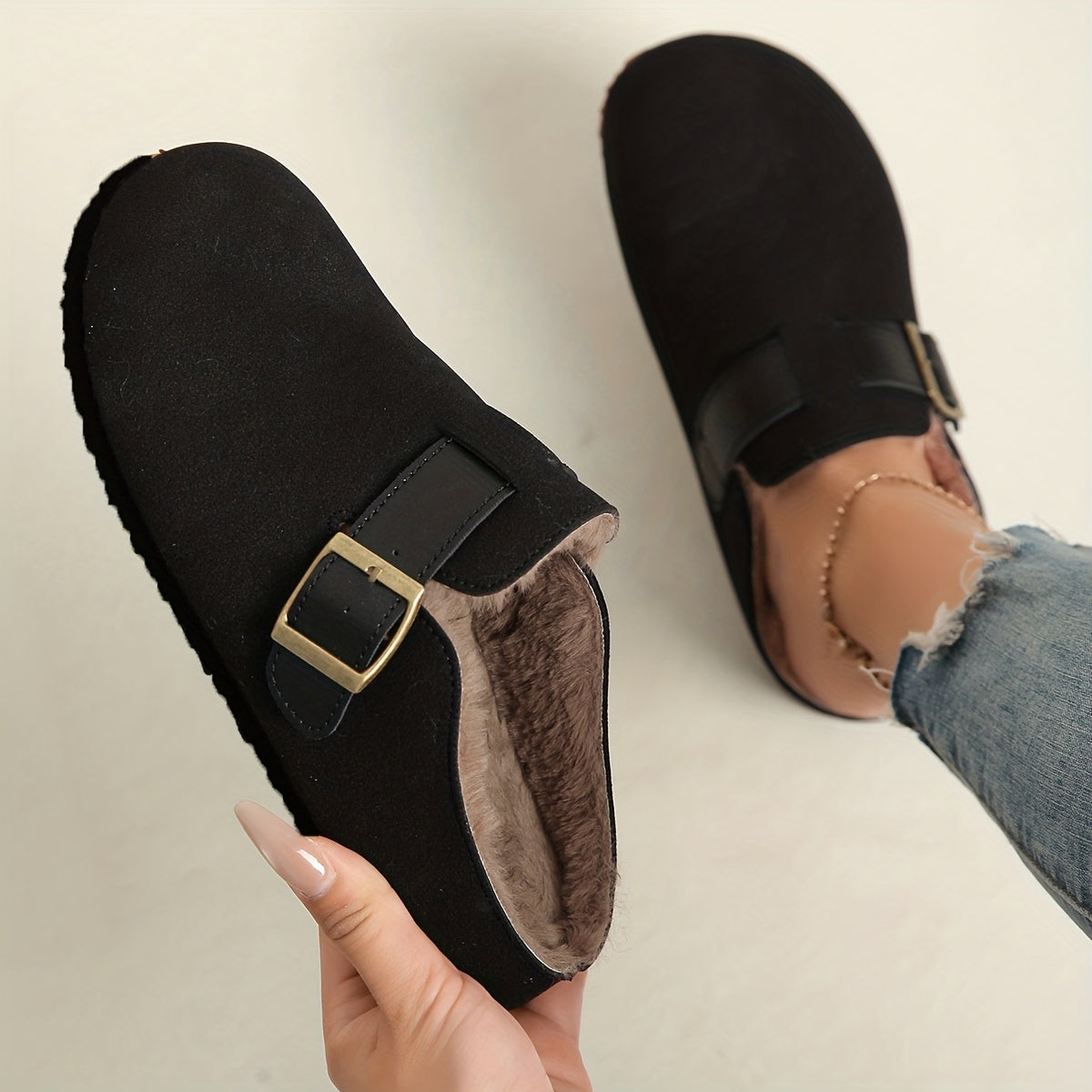 Women's Plush-Lined Platform Loafers, Buckle Strap Flat Shoes, Winter Warm and Comfortable Commuter Flat Shoes, Local Warehouse, Women Shoes
