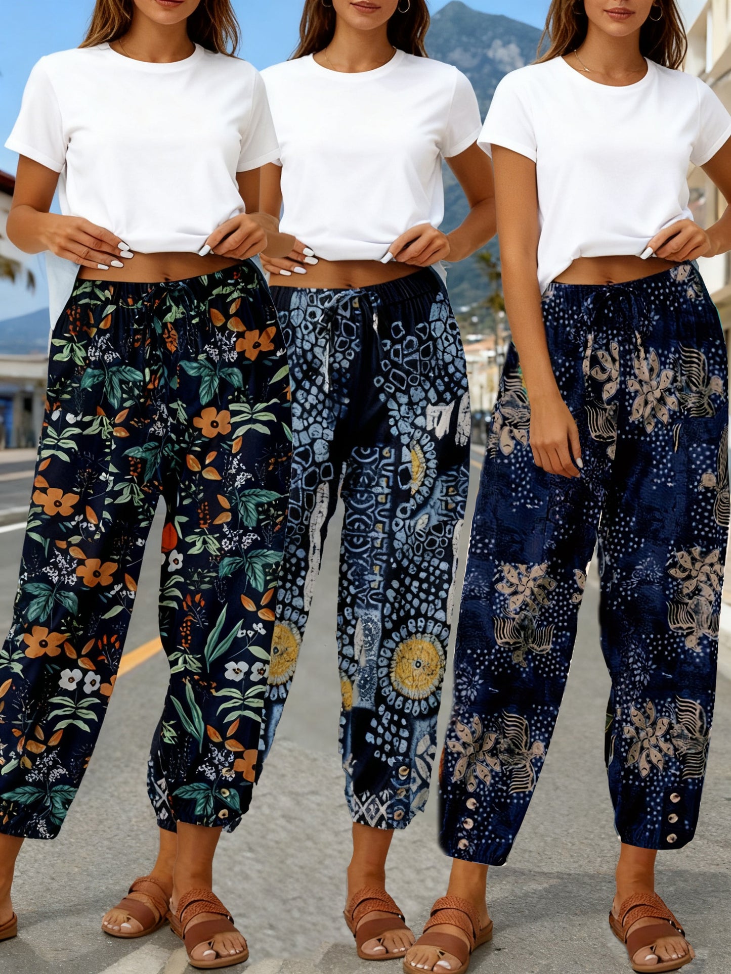 FOEIERAA 3pcs Women's High Waist Jogger Pants, Elastic Waist Retro Print, Loose Comfortable Casual Trousers for Outdoor Commute