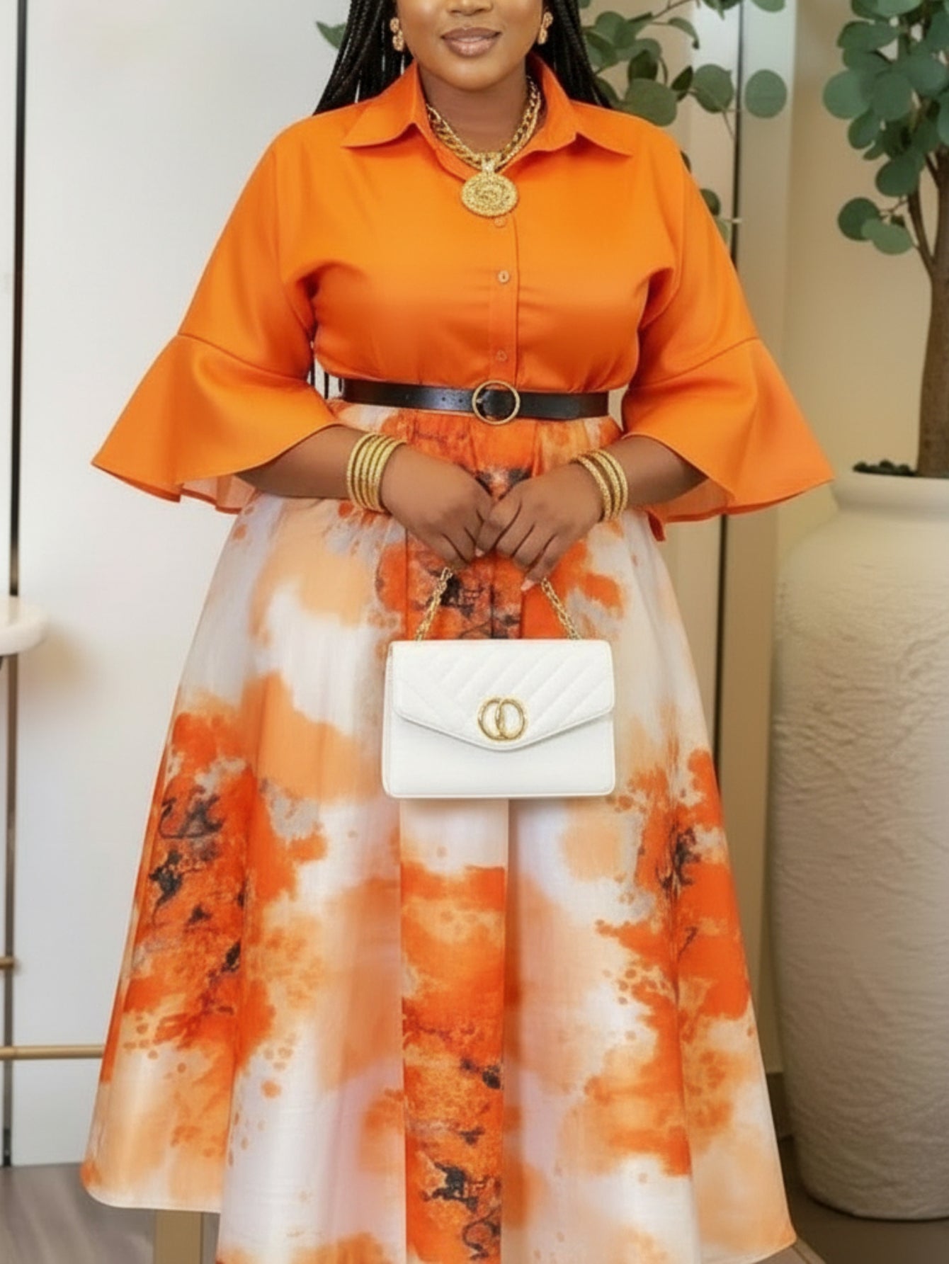 Plus Size - Plus Size Women'S Spring/Summer Flared-Sleeve Waist-Adjusted Printed Dress | Fashion Color-Block Design Showcasing Vibrant Temperament, Ideal for Daily Outings & Light Social Occasions, Creating Exquisite Eye-Catching Looks