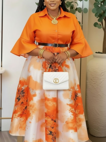 Plus Size - Plus Size Women'S Spring/Summer Flared-Sleeve Waist-Adjusted Printed Dress | Fashion Color-Block Design Showcasing Vibrant Temperament, Ideal for Daily Outings & Light Social Occasions, Creating Exquisite Eye-Catching Looks