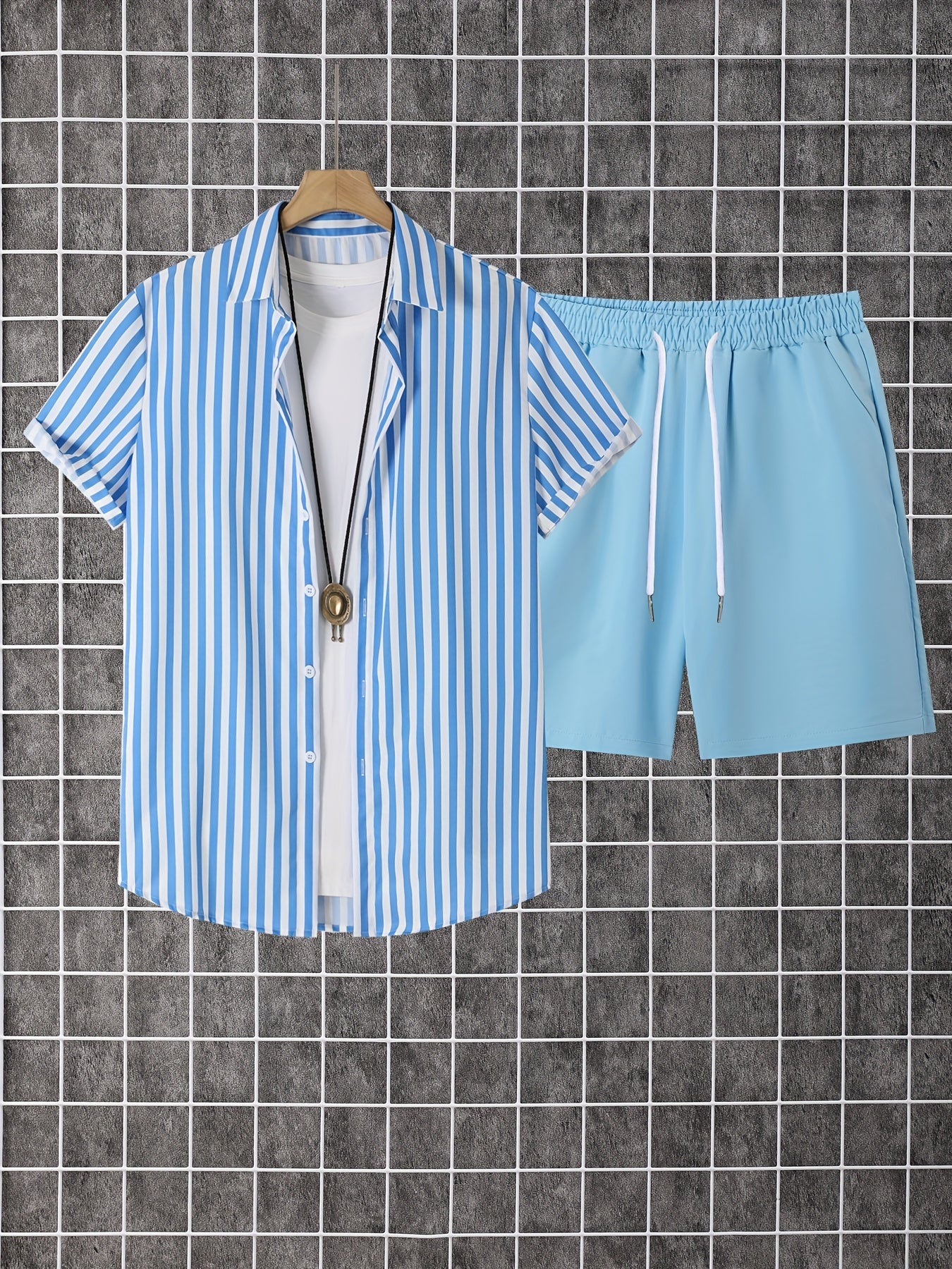 2pcs Men'S Casual Summer Outfit Set, Striped Short Sleeve Button Up Lapel Shirt Top & Solid Drawstring Shorts With Pockets For Casual Daily Wear And Holiday Resorts