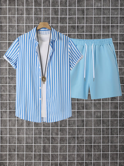 2pcs Men'S Casual Summer Outfit Set, Striped Short Sleeve Button Up Lapel Shirt Top & Solid Drawstring Shorts With Pockets For Casual Daily Wear And Holiday Resorts