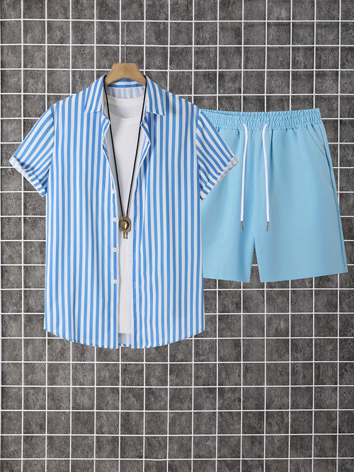 2pcs Men'S Casual Summer Outfit Set, Striped Short Sleeve Button Up Lapel Shirt Top & Solid Drawstring Shorts With Pockets For Casual Daily Wear And Holiday Resorts