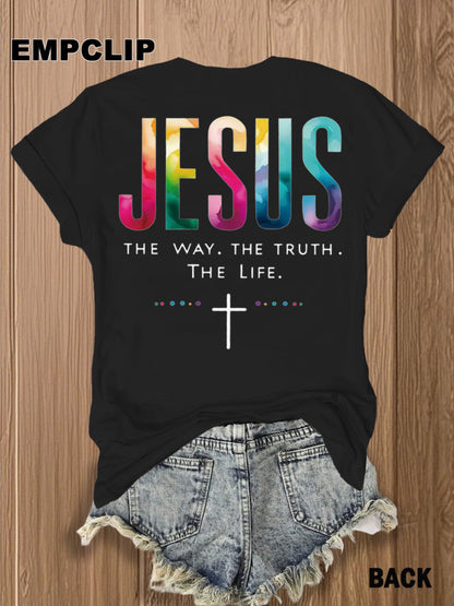 [Front and Back Image] Double-Sided Printed Women's T-Shirt- Jesus: The Way, the Truth, the Life- Colorful Inspirational Christian Women's T-Shirt| Faith Clothing| Suitable for Church Services and Religious Activities| Fashion Religious T-shi