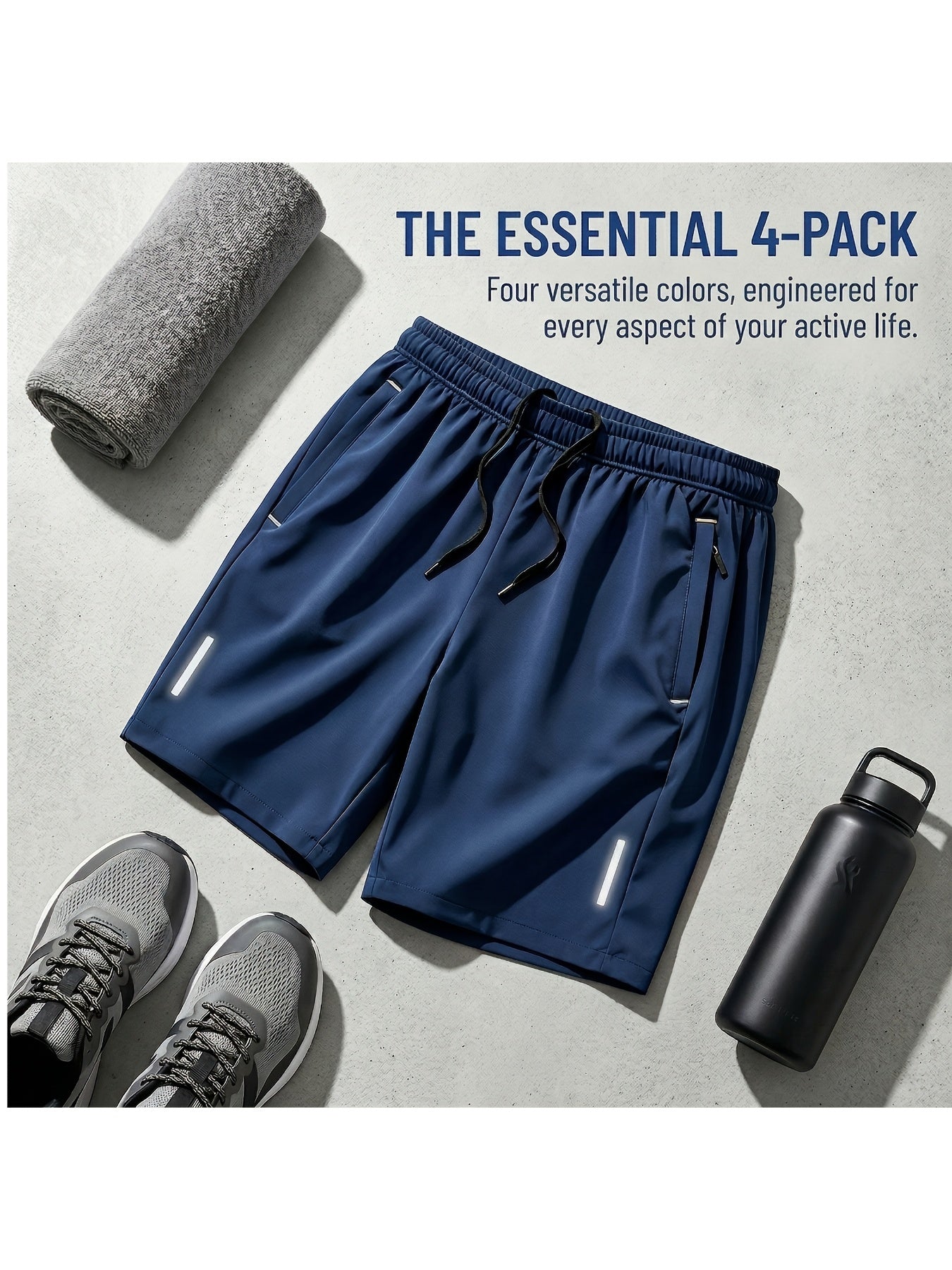 4pcs Men's Summer Sports Shorts, Made of Quick-drying, Lightweight and Breathable Fabric, with Reinforced Zipper Pockets and Drawstrings at the Waist. They Are Light, Comfortable, Casual and Loose, Suitable for Running, Fitness, Cycling, Basketbal