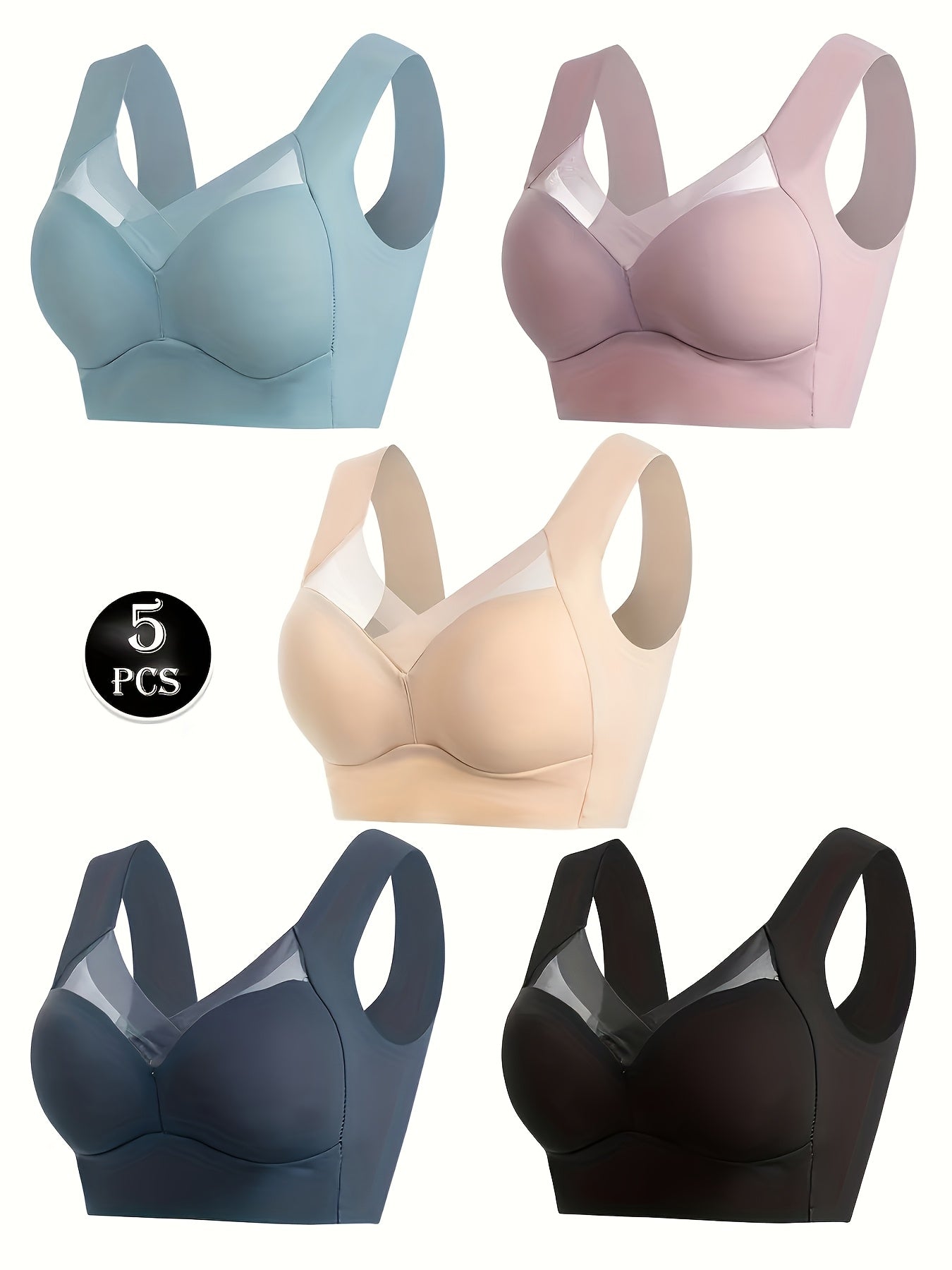 5-Pack JOINBUY Women'S Seamless Sports Bras - Elegant Full Cup Breathable V-Neck, Non-Removable Pads, Soft Comfort Fit Medium Support For Yoga & Year-Round Wear, Casual Lingerie Tops For Daily Comfort