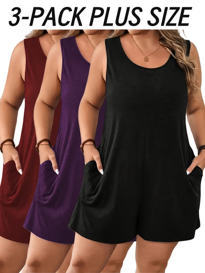 Green 3pcs Women's Plus Size Sleeveless Jumpsuit - Elegant Crew Neck, Stretchy Fabric, Pocket Detail, Ideal for Spring/Summer/Fall, Casual Wear|Elegant Sleeveless Jumpsuit|Pocketed Jumpsuit