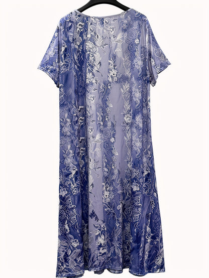 Plus Size Short Sleeve Midi Dress with Lace Neck And Flower Print