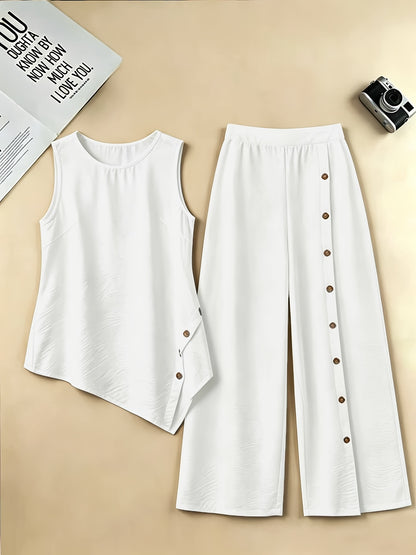 Spring and Summer Women's Casual Fashion Elegant Solid Color Round Neck Sleeveless Top Shirt and Pants 2pcs Set, for Outings and Vacations