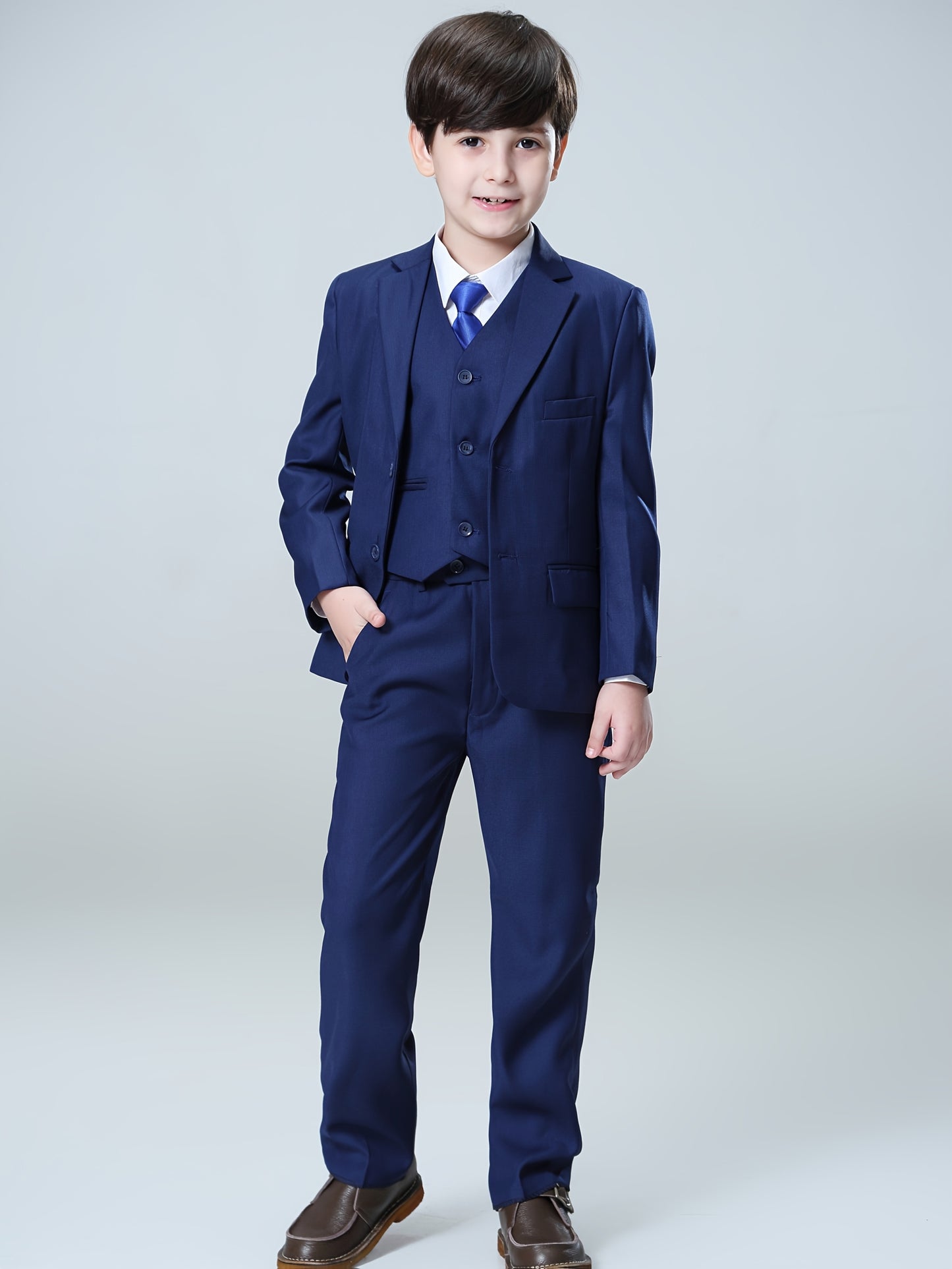 NIMBLE Boys Formal Suit Set Jacket Vest Trousers 3pcs 3-13Y Children Party Clothes Host Wedding Available In Four Colors Blue Black Khaki Navy Blue