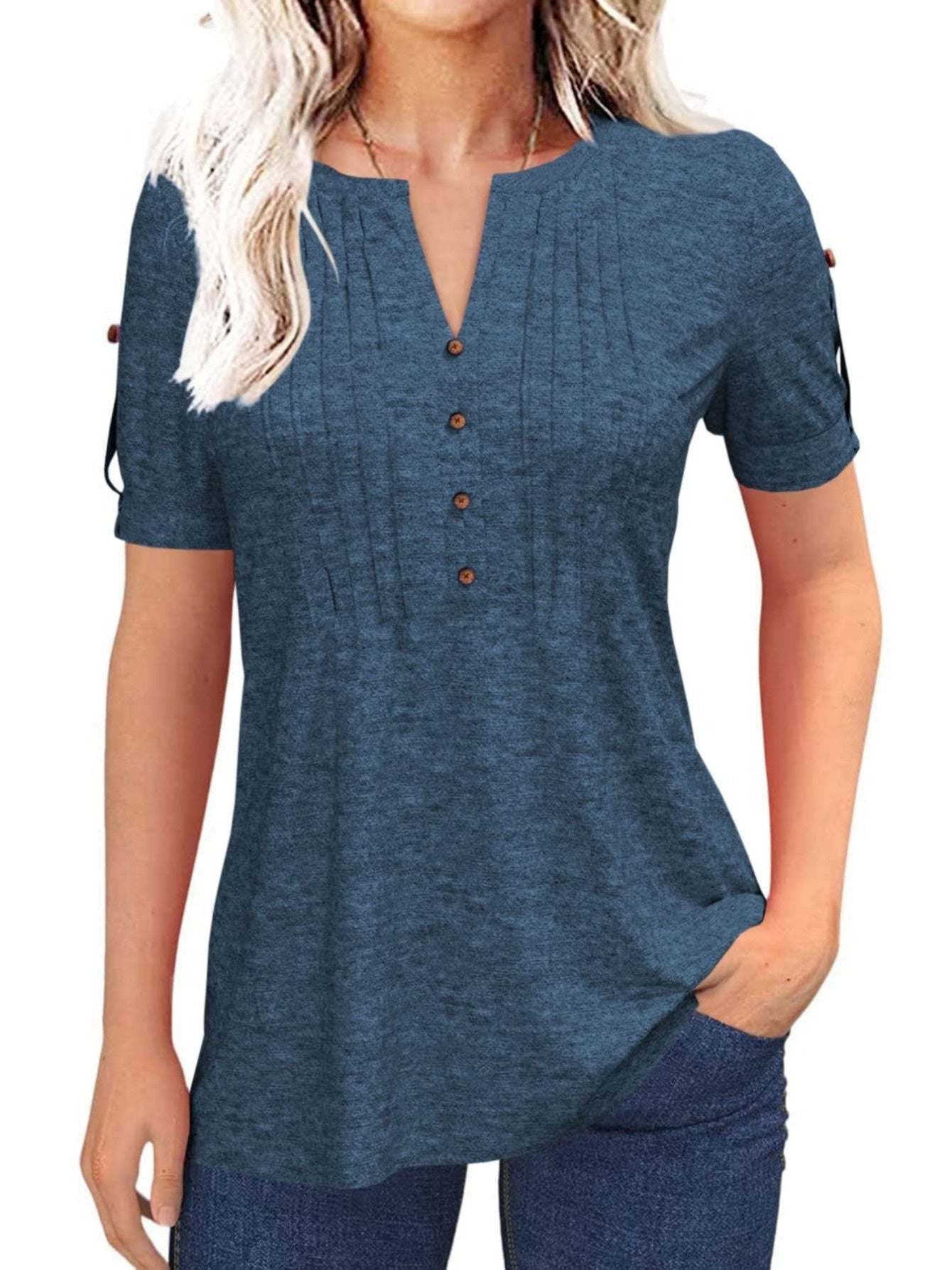 Casual Short-Sleeve Blouse for Women with a Solid Color, Featuring a Pleated Design, Buttoned V-Neck, And a Zipper
