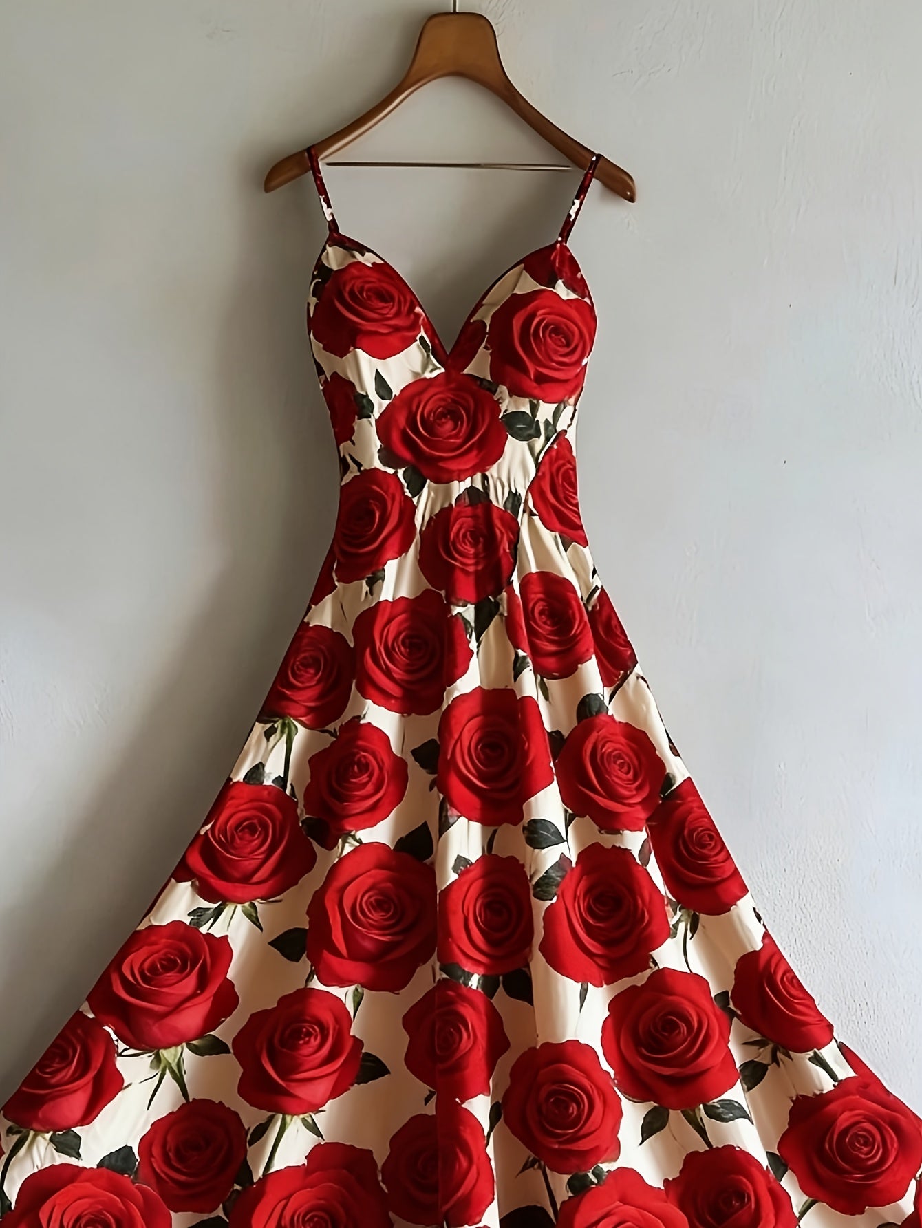 Women's Patriotic Maxi Dress - A-Line Silhouette, Suitable for Vacation, Leisure & Beach Outings, Loose Fit, National Flag Pattern, Sleeveless, V-Neck, Red National Flag Design with Built-In Cups