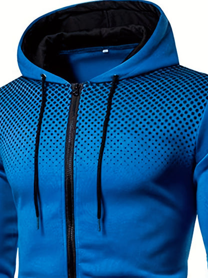 Men's Polka Dot Printed Hooded Jacket, Hooded Jacket with Zippers and Pockets, Men's Winter and Autumn Casual and Sporty Fashion
