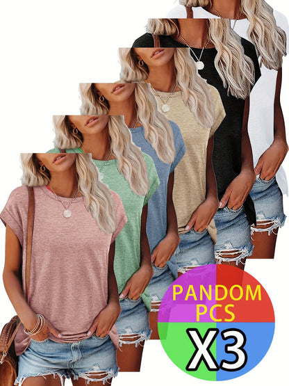 3 Women'S T-shirts, Summer Tops, Solid Color Batwing Short Sleeves, Fashionable Basic Style, Loose, Casual, Suitable For Daily Commuting, Colors Are Random, 3pcs