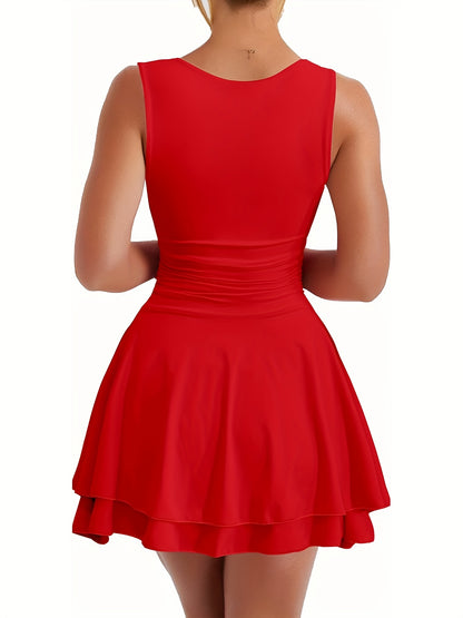 Women'S Square Neck Ruffle Hem Mini Dress Pleated Waist Short Party Dress