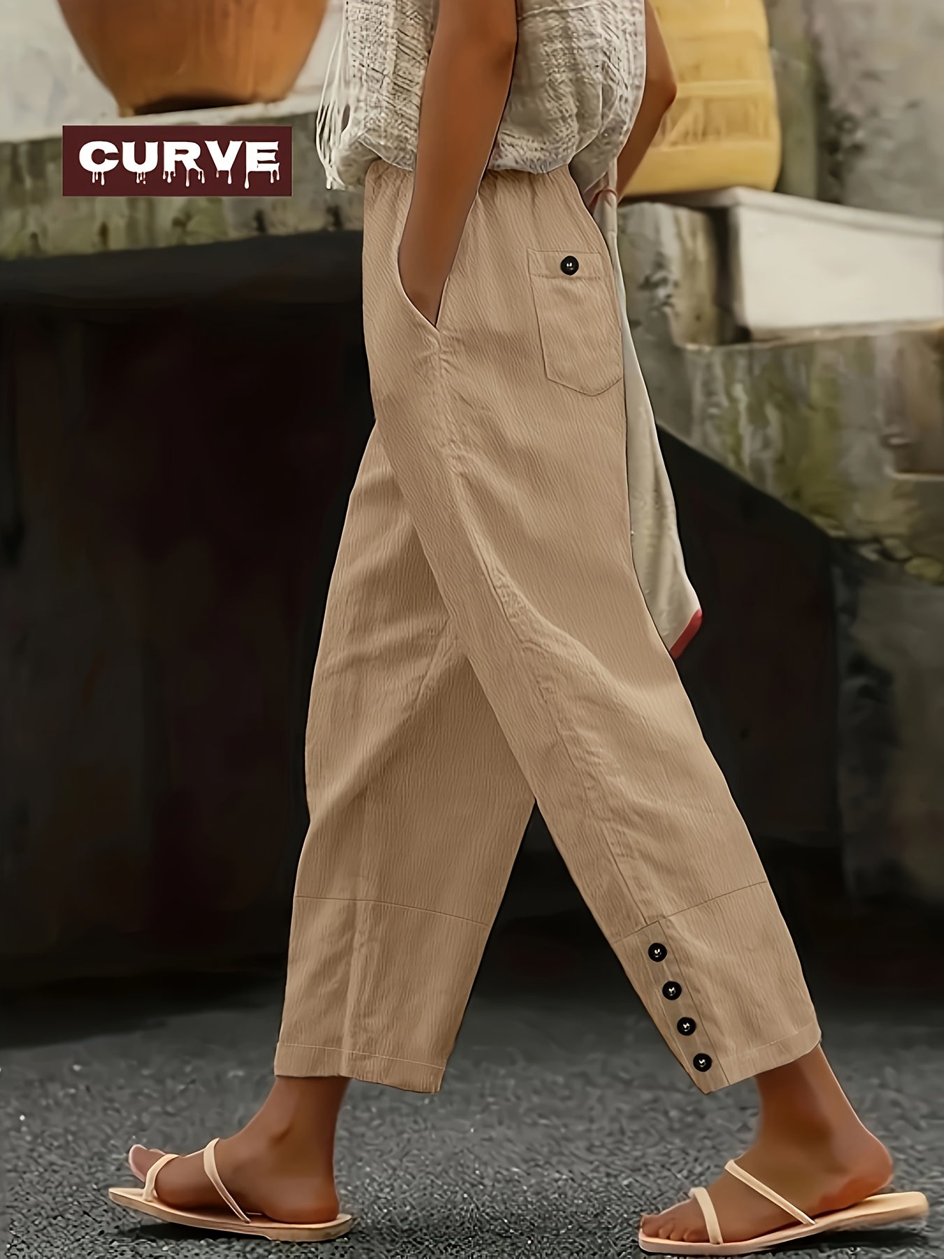Plus Size - Spring&Summer Plus Size Women'S Casual Straight Pants- High Waisted, Trendy Button Design, Comfortable Fabric - Comfortable, Classic, And Versatile Casual Wear For Work Or Daily Life PIUS Size Trousers