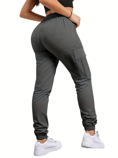 Women'S Zippered Pocket Cargo Pants, Stylish Large Pocket Design, Drawstring Elastic Waistband, Casual Outdoor/everyday Wear Trousers
