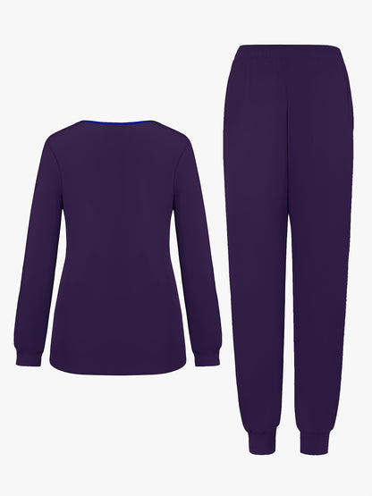 2pcs Women's V-Neck Matte Suit with Long Sleeve Stretch S Uniform Work Clothes Washable Pockets Breathable Elastic Top And Waist Cord Pocket Pants Set