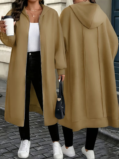 Plus Size - Plus Size - Plus Size Women'S Elegant Hooded Coat - Long Formal to Casual Outerwear, Zipper Closure, All-Season Chic Jacket for Everyday And Special Occasions, Stylish Layering Piece, Sophisticated Design, Durable Construction