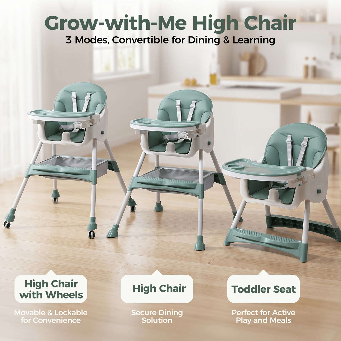 6-in-1 Foldable Baby High Chair with Adjustable Height, 3-Position Trays & Adjustable Foot Rest - Detachable PU Cushion, 5-Point Harness, High Chairs for Babies And Toddlers, Detachable Harness, Toddler Seating, Spacesaving Furniture