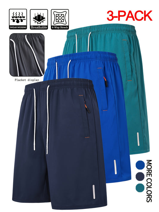3pcs Men'S Summer Casual Shorts - Elastic Waist with Drawstring, Zipper Pockets, Vibrant Colors (Black, Orange, Teal), Comfortable Woven Fabric, Perfect for Casual Attire, Casual Attire Shorts | Relaxed Fit Shorts | Woven Fabric Shorts