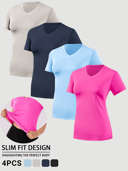 4pcs Women's Barely There Sports T-Shirts V-Neck, Pullover Short Sleeve Tops, Stretchy, Quick-Dry, Breathable, Soft for Workout, Fitness, Running, Yoga, Pilates