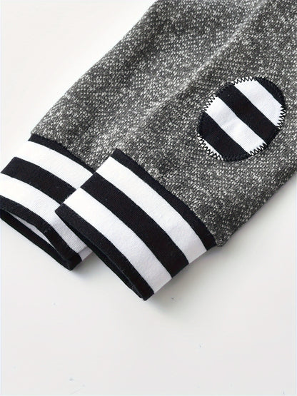 KuKitty Baby Boy 2pcs Hooded Bodysuit & Pants Set - Striped Letter Print "Ain't No Mama Like The One I Got" & "Little for Man Mama" Outfit, Soft Warm Winter Clothes, Machine Washable Boywear (Gray/White), Perfect for Outdoor