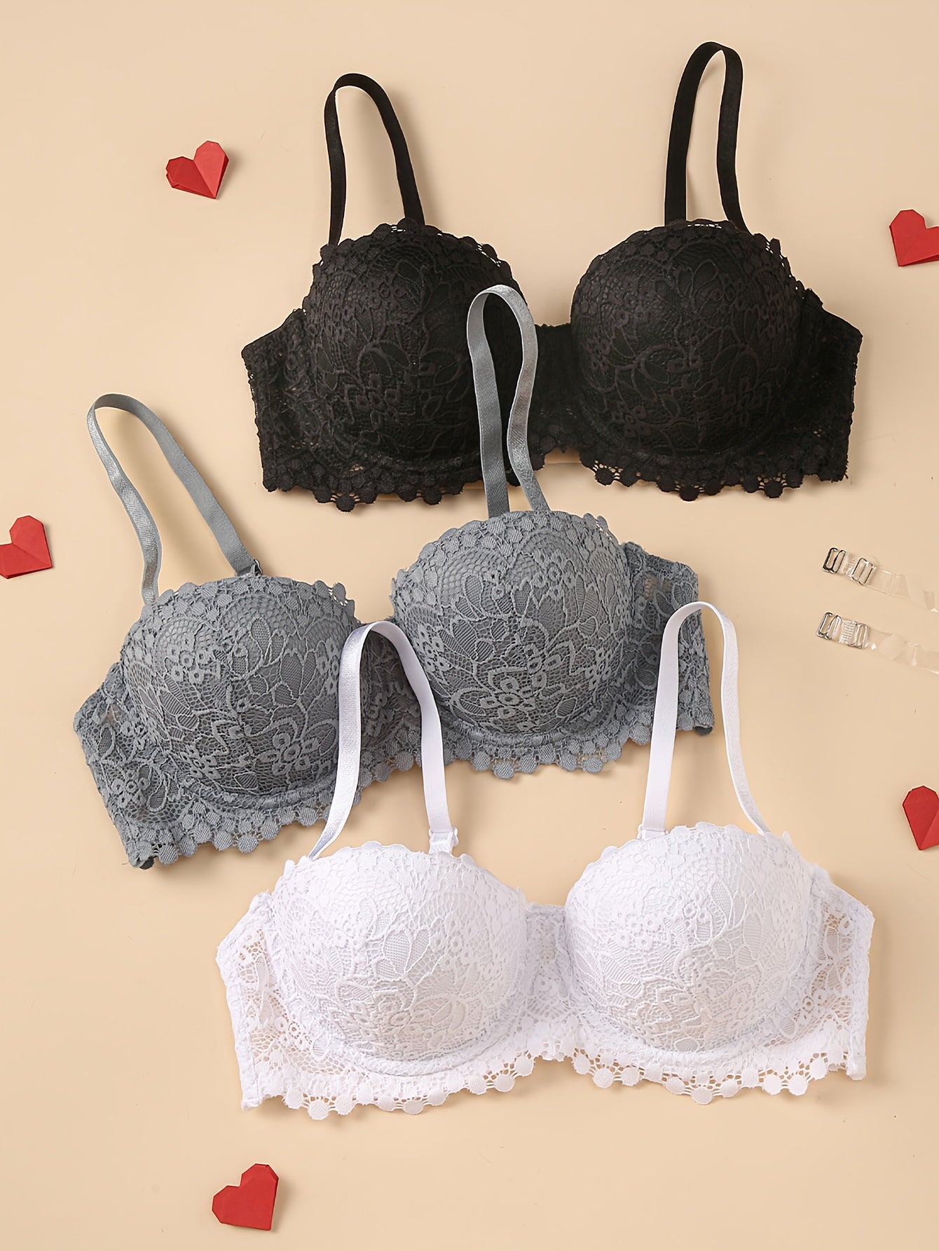 3pcs Half-cup Sexy Lace Lingerie Women'S Bra With Steel Band And Adjustable Shoulder Straps