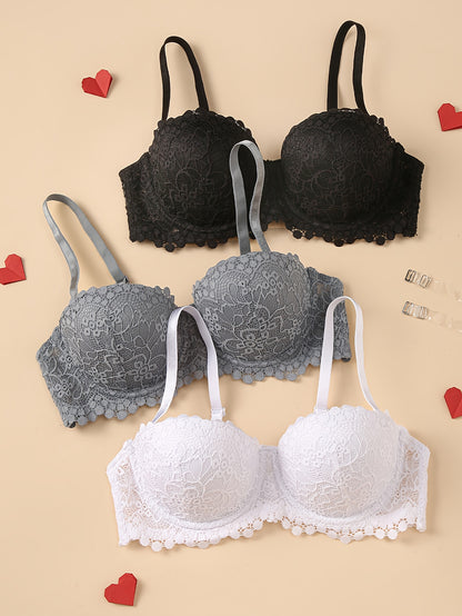 3pcs Half-cup Sexy Lace Lingerie Women'S Bra With Steel Band And Adjustable Shoulder Straps