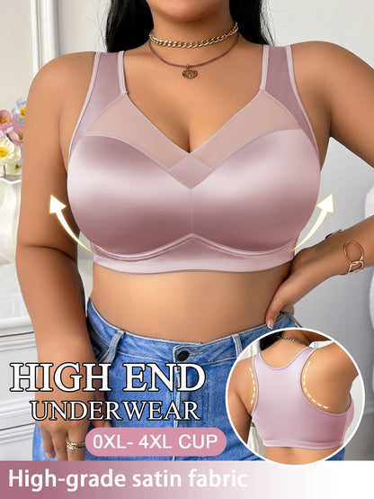 Women's Wire-Free Plus-Size Bra - Mesh Design, Sheer Satin Seamless Underwear, Comfortable Breathable Soft Support, Non-Adjustable Straps, Non-Removable Padding, Nylon Spandex Blend Smooth Bra, Suitable for Daily Wear