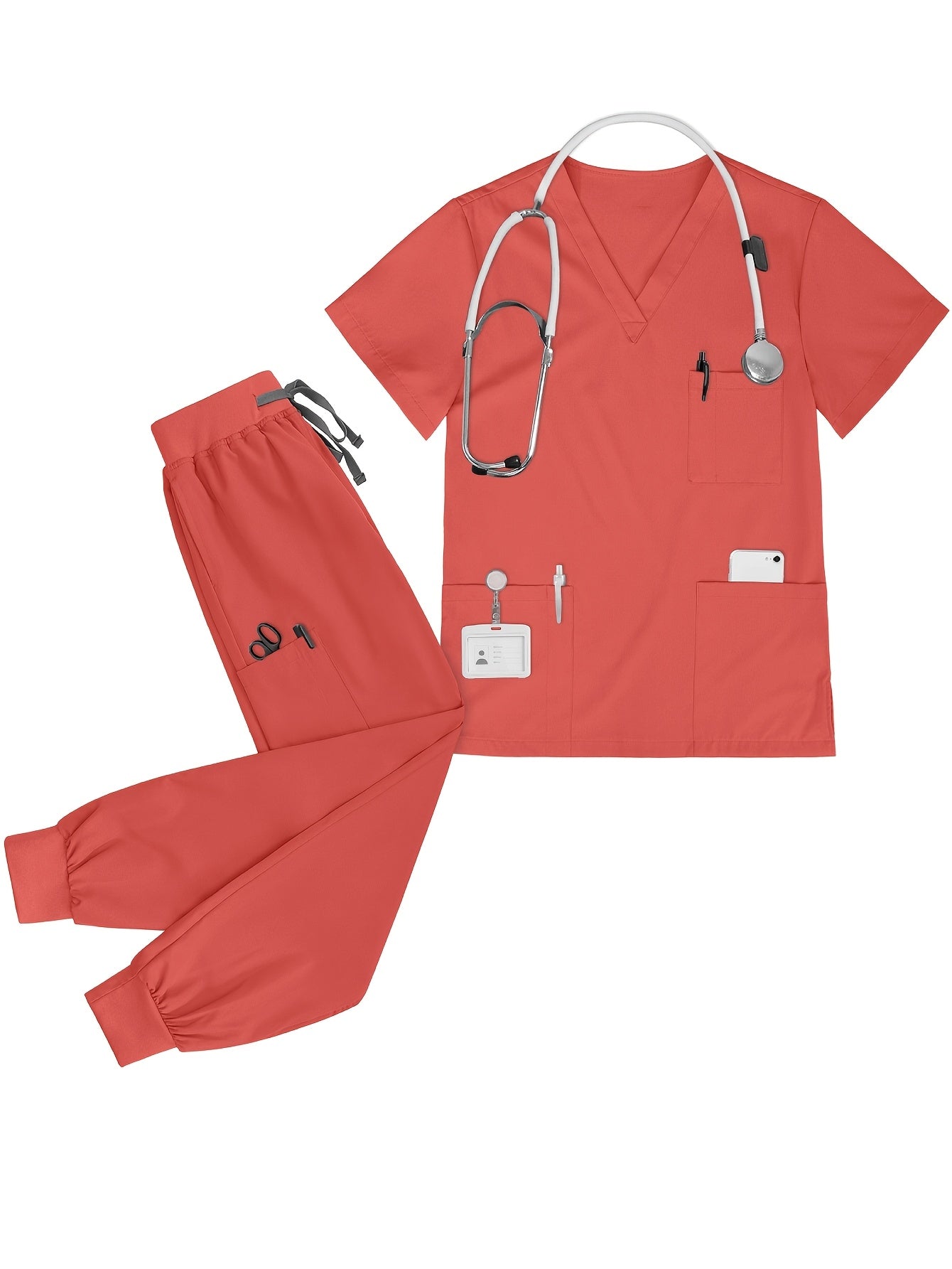 [Scrub Suit Set] Scrub Suit Set For Women Modern V-Neck Top T-Shirt & Tapered Leg Jogger Pants With Drawstring 2pcs Set Nursing Uniforms Set Suitable For Pet Hospitals, Dental Clinics, Nursing Work, Etc