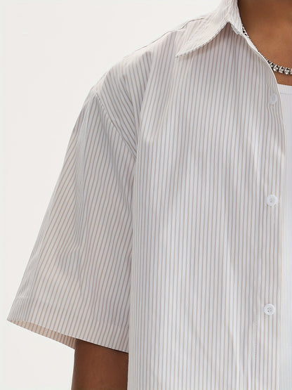 Unisex Casual Striped Shirt - Oversized, Loose Fit, Short Sleeve with Chest Patch Pocket | Lightweight Polyester Fabric | Perfect for Everyday, Beach, Party & Streetwear | Casual Attire | Chic Casual Style | Nontransparent Fabric
