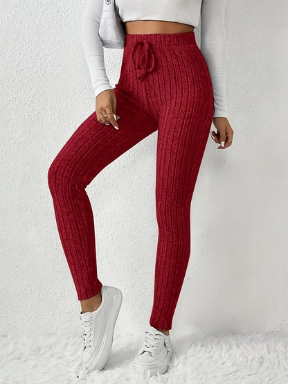 Women'S High - Waist Ribbed Leggings - Stretchy Slim Fit, Drawstring Detail, Casual Solid Color Pants for All Seasons