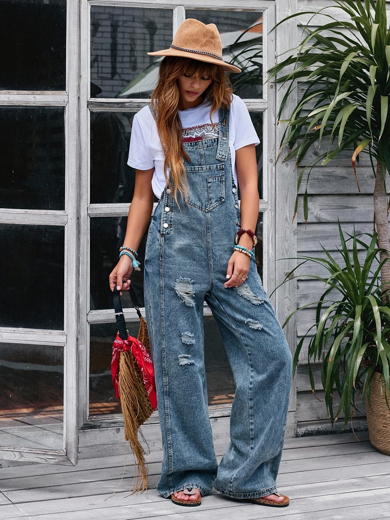 [Denim Jumpsuit] Women's Pocket Wide Leg Denim JumpsuitLadies' Casual Denim Jumpsuit, Loose And Adjustable Strap Pants, Denim Jumpsuit, Vest, Denim Jumpsuit, Skirt Strap Pocket