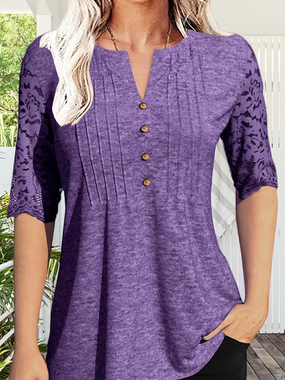Women's Summer Pleated Button Short Sleeve T-shirt Summer V-neck Solid Color Casual Top