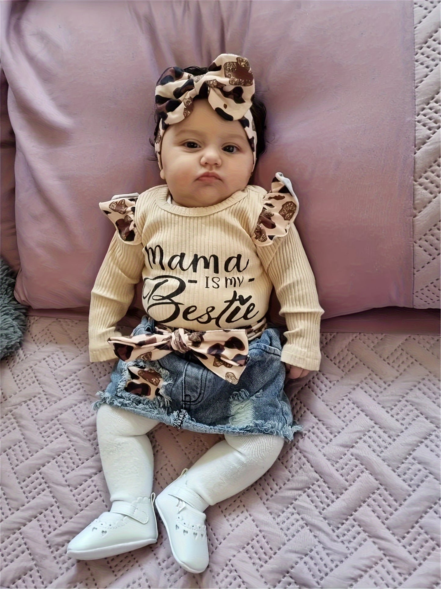 Kukitty 4pcs Set for Baby Girls Featuring Long Sleeve Bodysuit with Letter Design And Ripped Leopard Print Denim Skirt, for Outdoor