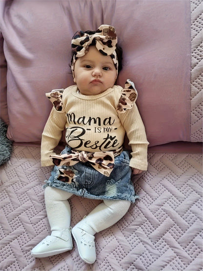 Kukitty 4pcs Set for Baby Girls Featuring Long Sleeve Bodysuit with Letter Design And Ripped Leopard Print Denim Skirt, for Outdoor